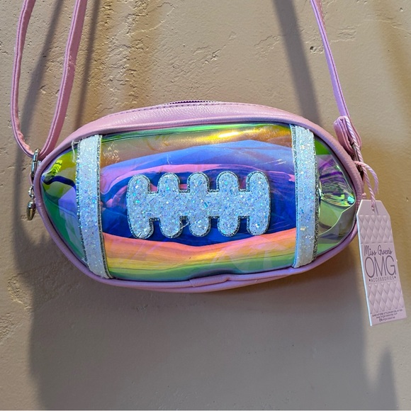 MISS GWENS OMG ACCESSORIES BUBBLE GUM PINK IRIDESCENT FOOTBALL CROSSBODY NWTS - Picture 10 of 10